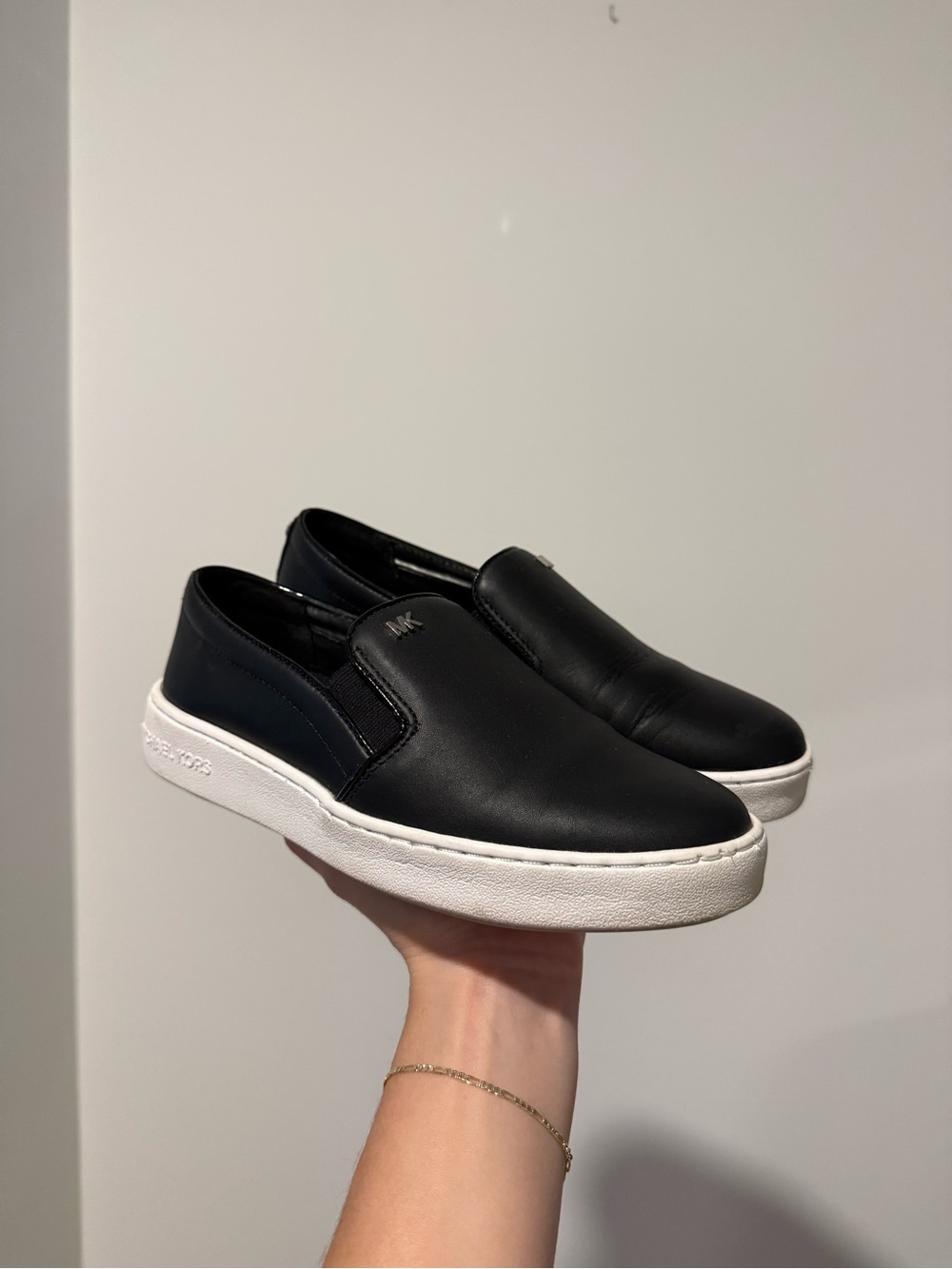Michael Kors Black Leather Slip-On Sneakers with White Sole